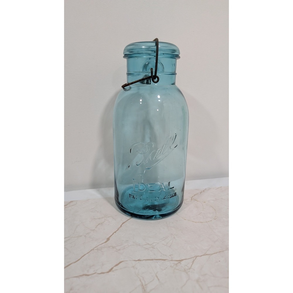 Antique Ball Ideal Aqua Blue Glass Mason Jar 1908 Patent Mfg Error Slug half gal